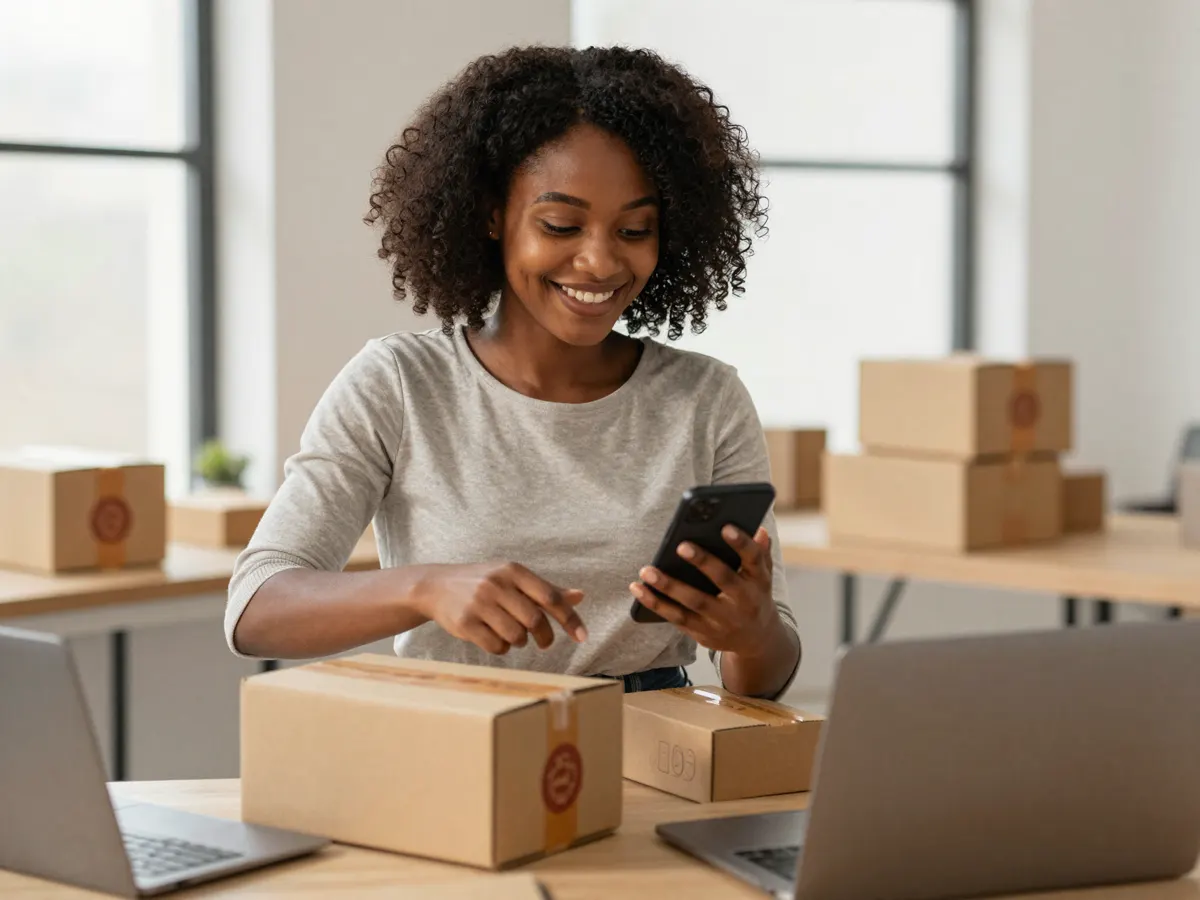 An online store owner packing customer orders while checking her phone