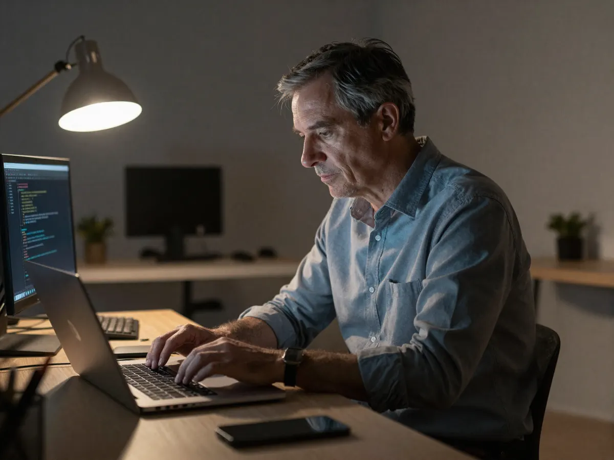 A senior engineer building at a laptop late at night