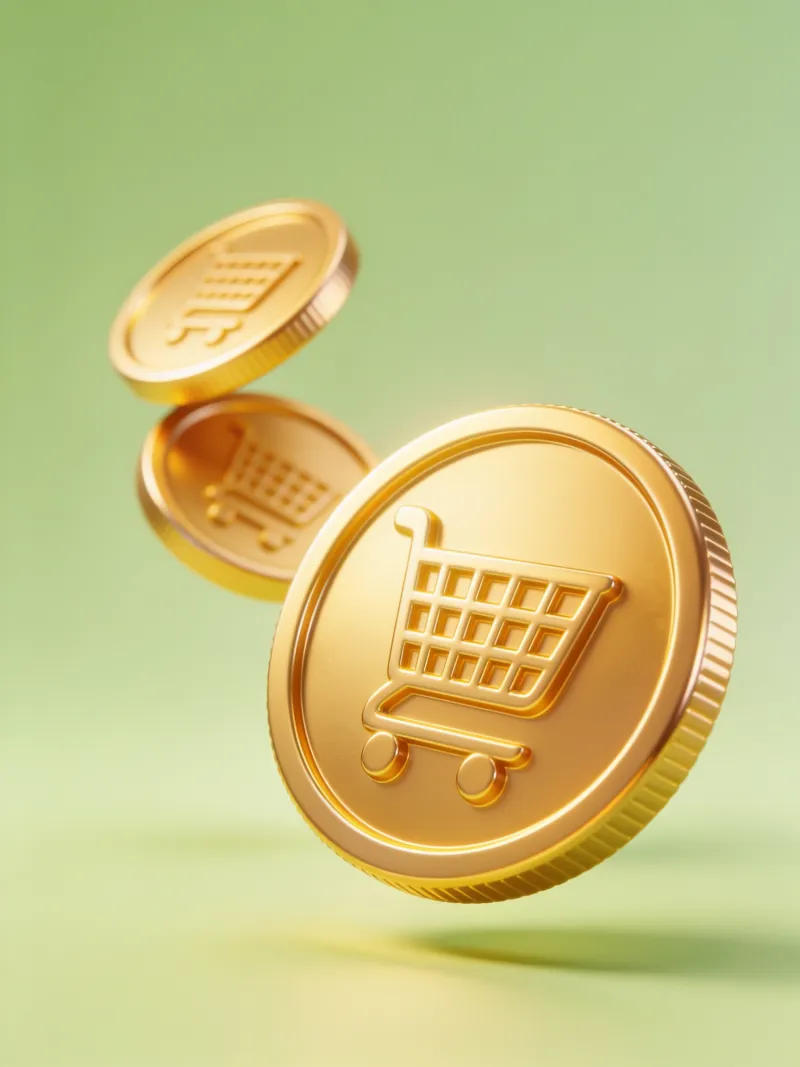 Gold coins stamped with shopping carts