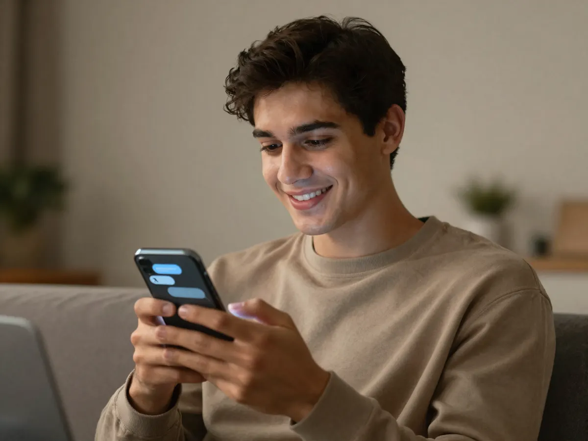 A person smiling while messaging in a chat conversation on a phone