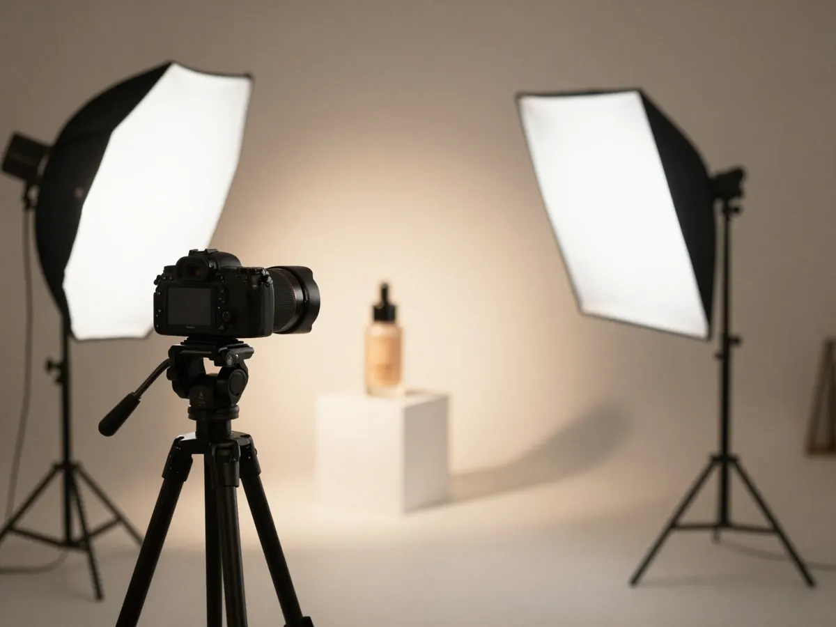 A product photography studio set with a camera shooting a product