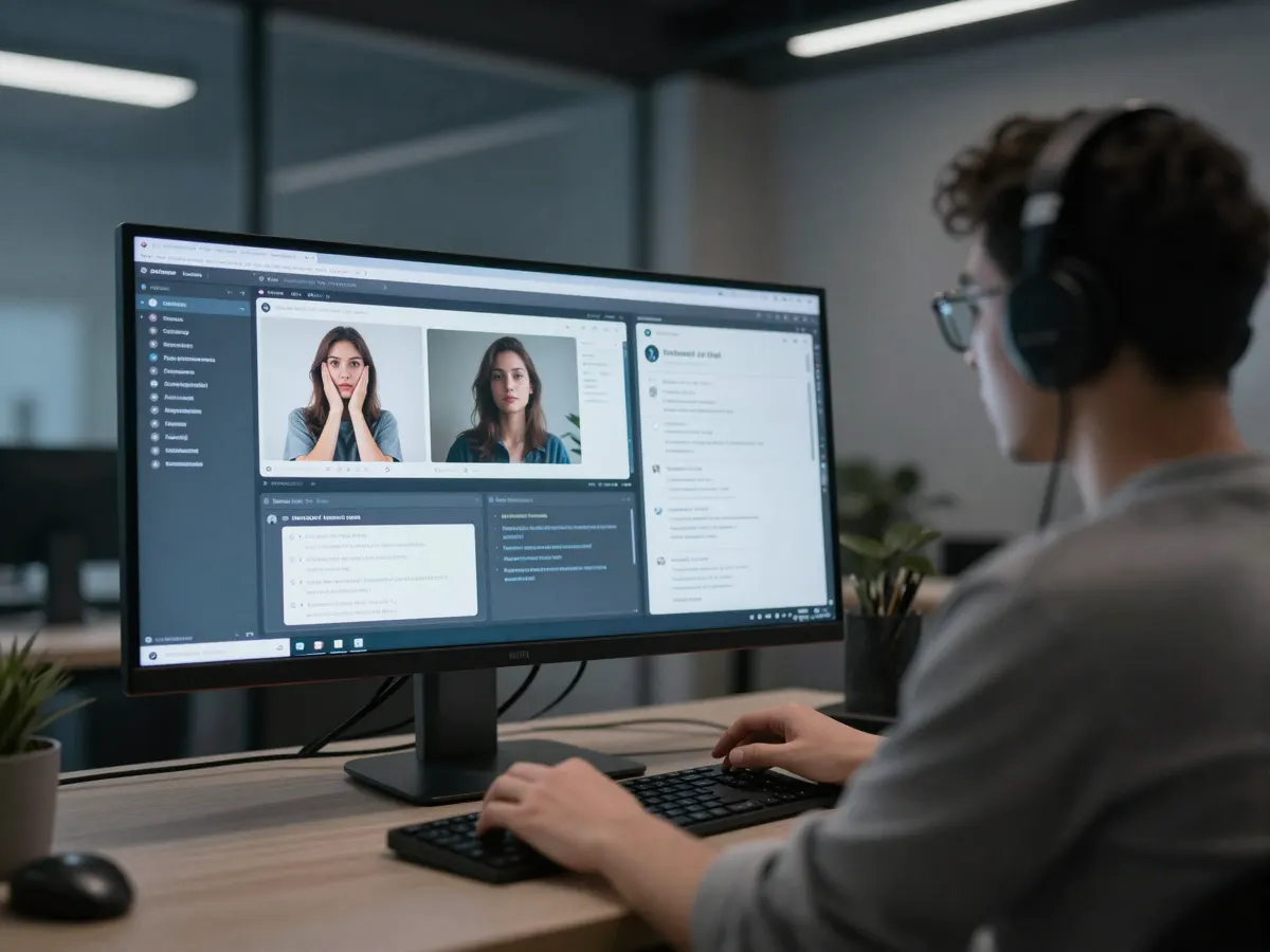A creative professional working with AI tools on a large monitor