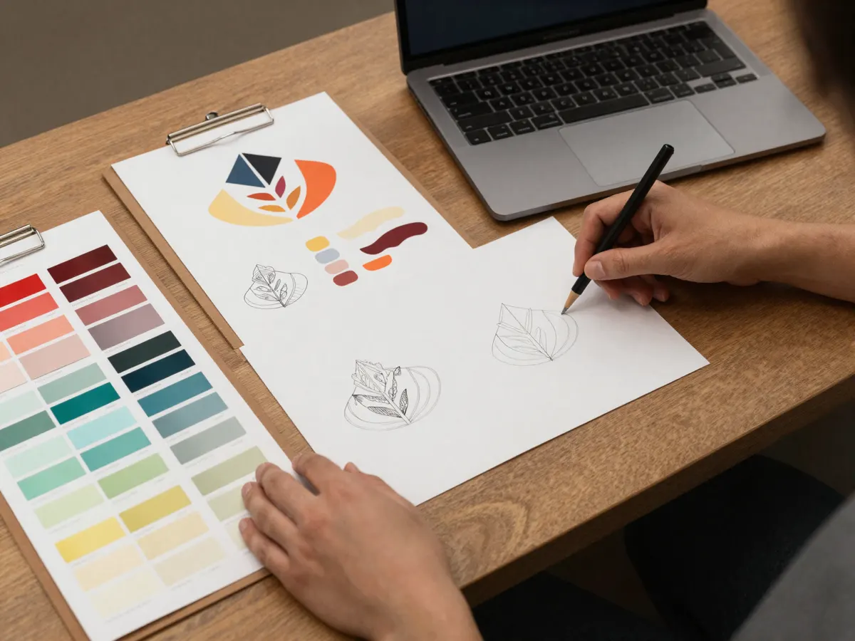 A designer arranging brand mood boards, color swatches and logo sketches