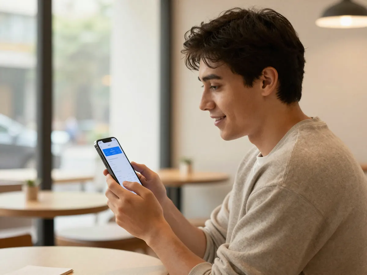 A person using a mobile app on a smartphone in a cafe