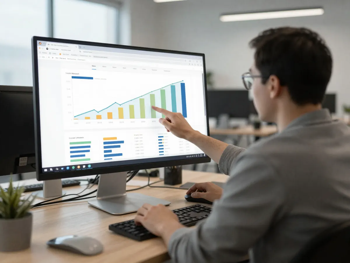 A marketer analyzing rising search analytics on a monitor