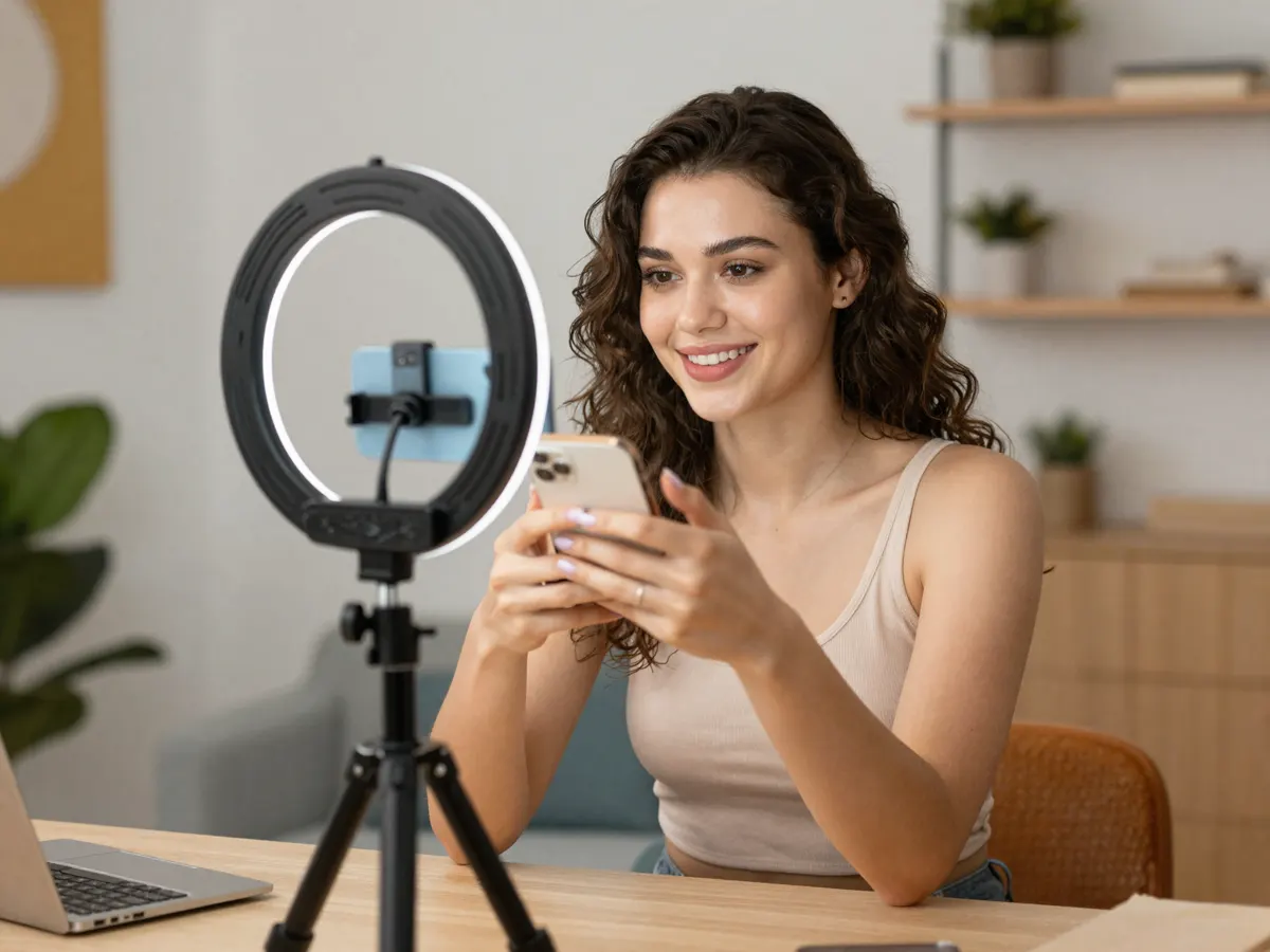 A content creator filming a short video on a phone with a ring light
