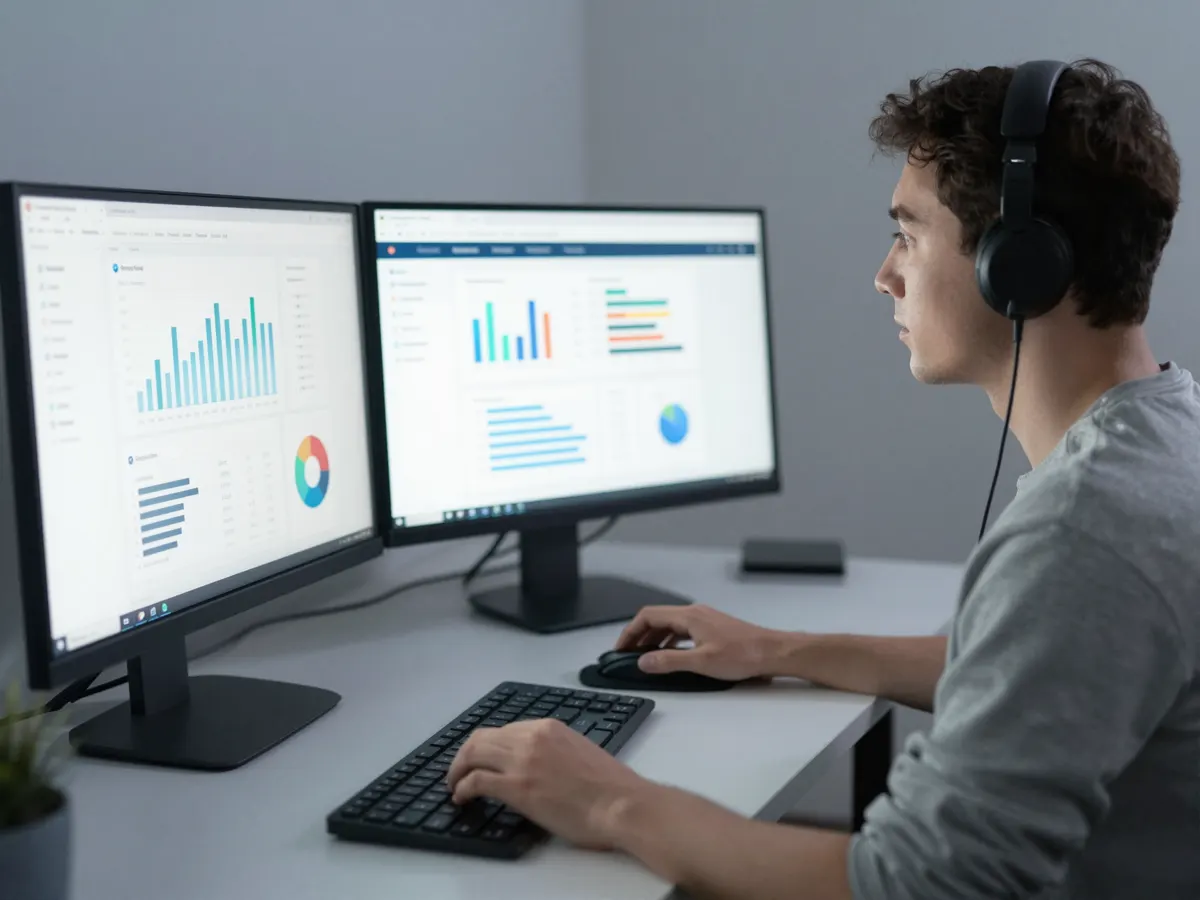 A developer reviewing website performance dashboards on dual monitors