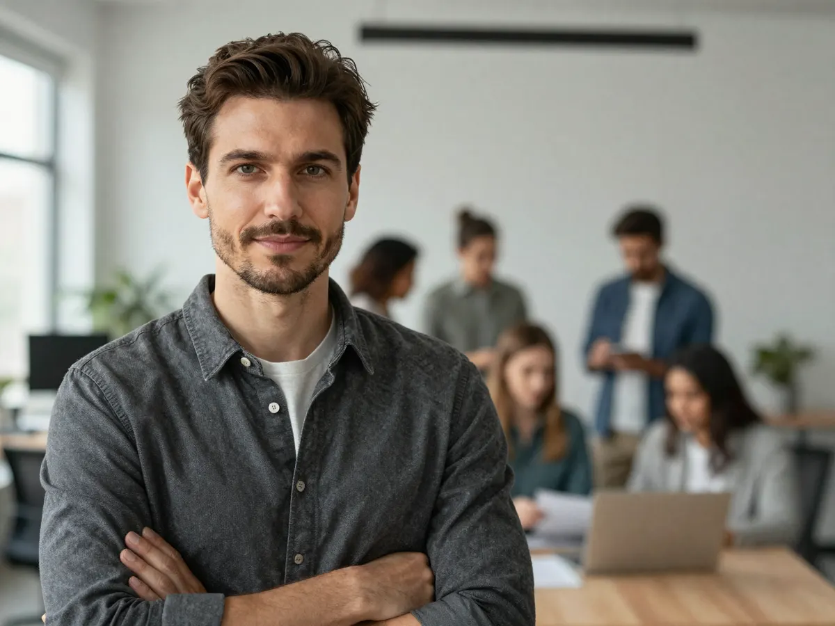A confident brand founder looking at the viewer with their creative team behind